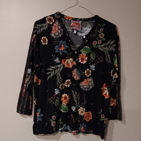 Johnny Was Tops - Johnny Was Black Floral V-Neck Blouse with Multicolor Blooms